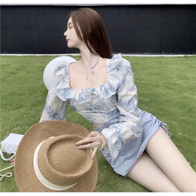 SET ÁO HOA CROPTOP XANH BÈO LƯNG CHUN + CHÂN VÁY XANH RÚT BÊN