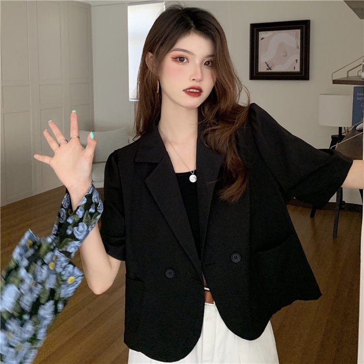SUXI Áo Khoác Blazer Tay Ngắn Dáng Rộng Màu Sắc Đơn Giản Phong Cách Hàn Quốc Thời Trang Cao Cấp Cho Nữ