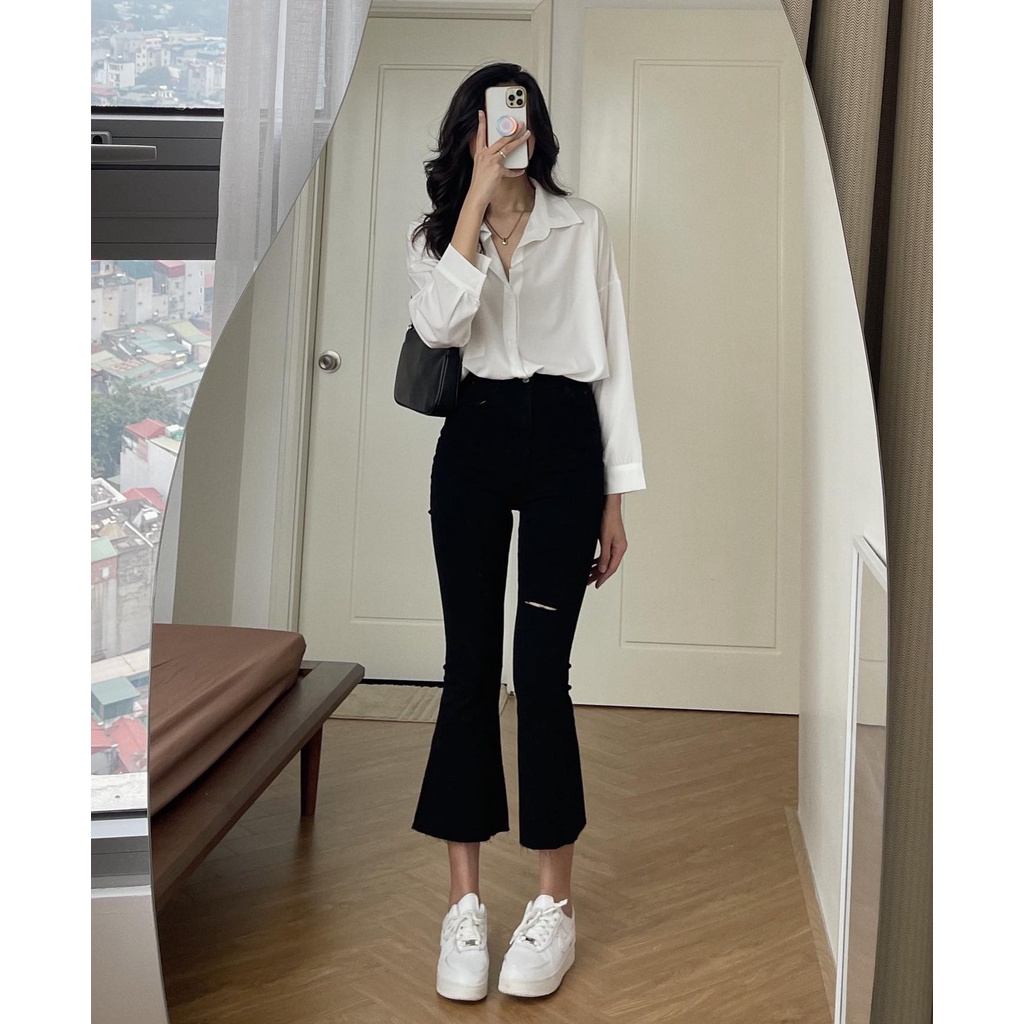 (ảnh thật) Audrey Quần jeans loe rách gối 1317