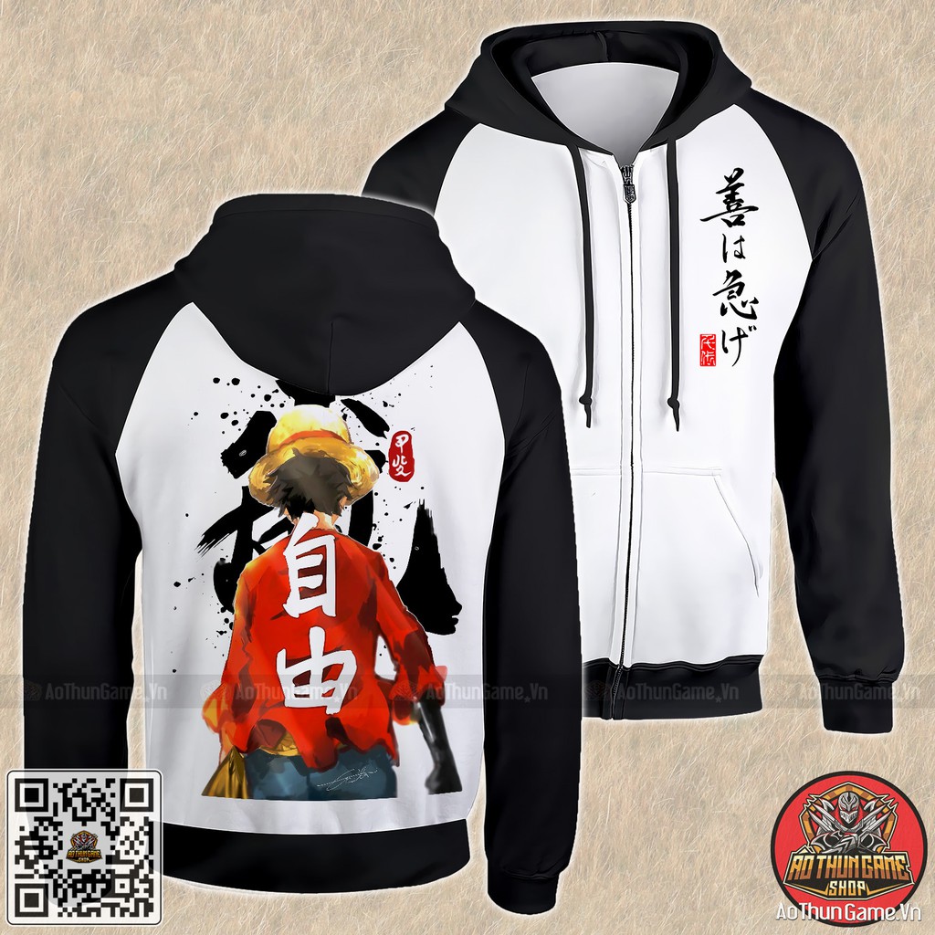 Áo khoác One Piece Luffy Mũ Rơm K13 mẫu mới cực đẹp có size bé cho trẻ em / Áo khoác hoodie 3D Đen Trắng (AoThunGameVn)