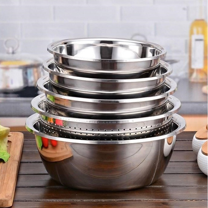 Bộ Thau Rổ Inox ISAKhông Gỉ 5 Món Tiện Dụng, Dày Dặn, Inox 304 Kiểu Dáng Sang Trọng