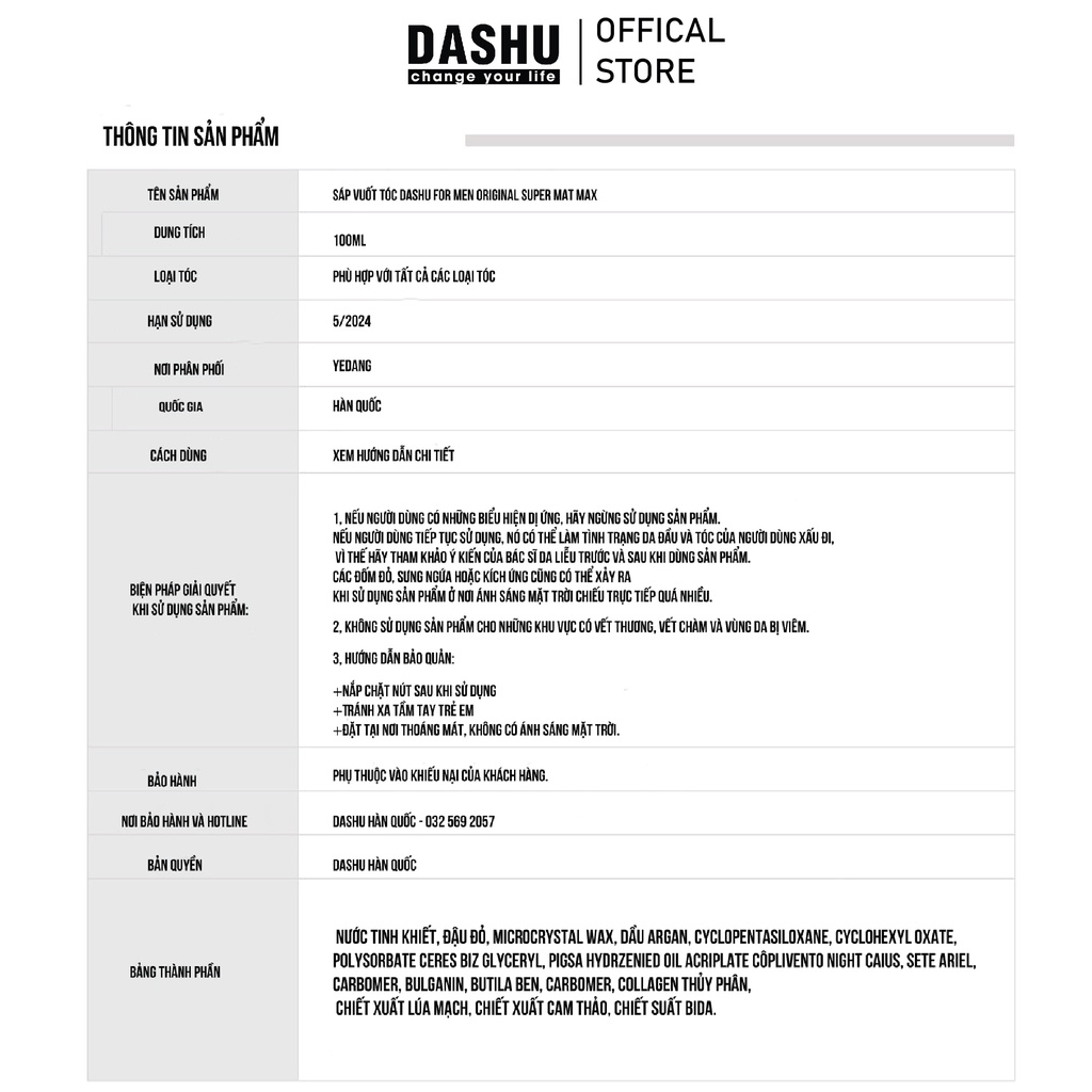 Sáp vuốt tóc Dashu For Men Premium Original Super Mat 100ml (ĐEN)