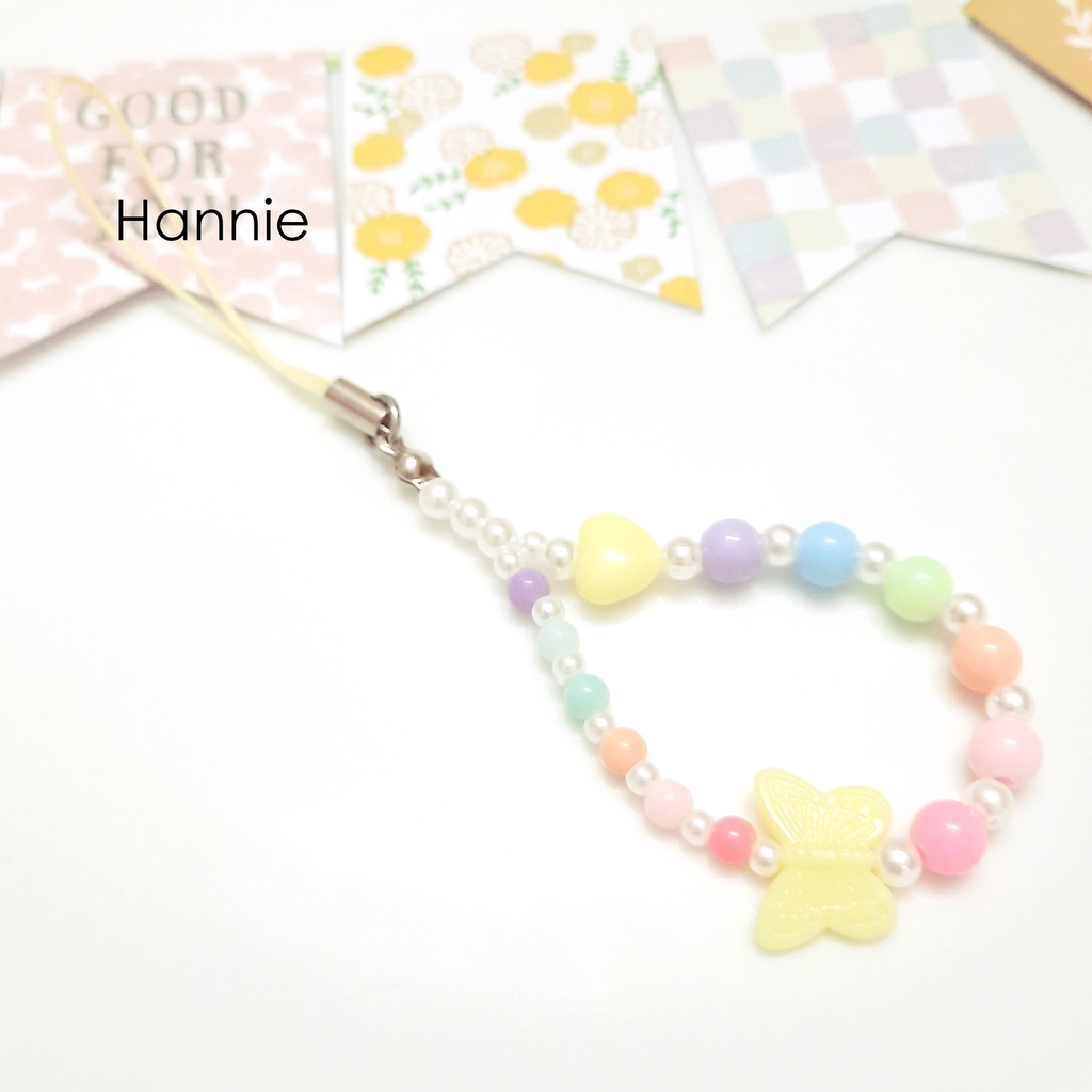 (Tím/Cam/Hồng/Xanh/Vàng) Móc khóa hạt trai pastel bướm - Phụ kiện dây treo điện thoại túi xách balo chìa khóa handmade