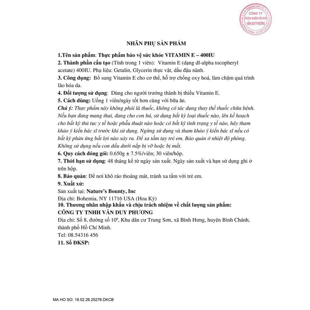 {Cam kết chính hãng} Viên Uống Bổ Sung Vitamin E Nature's Bounty Vitamin E - 400IU | Thế Giới Skin Care