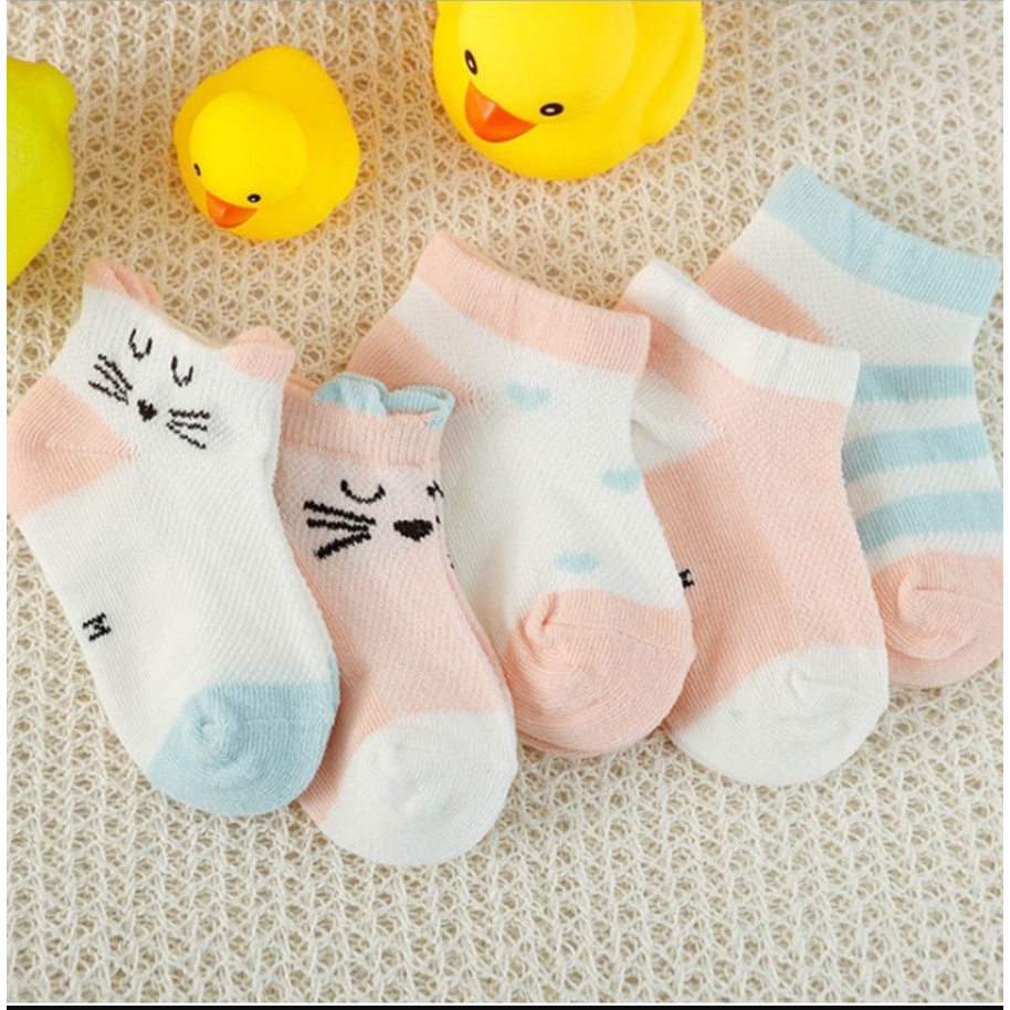 Set 5 đôi tất lưới điều hòa thoáng khí, mềm mại dễ thương cho bé trai, bé gái từ 0-12m