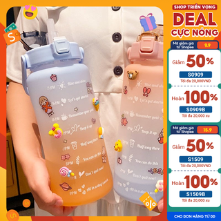 Bình nước 2 lít cute, bình đựng nước 2l có ống vòi hút, chia vạch nhắc uống nước GOPA HOU