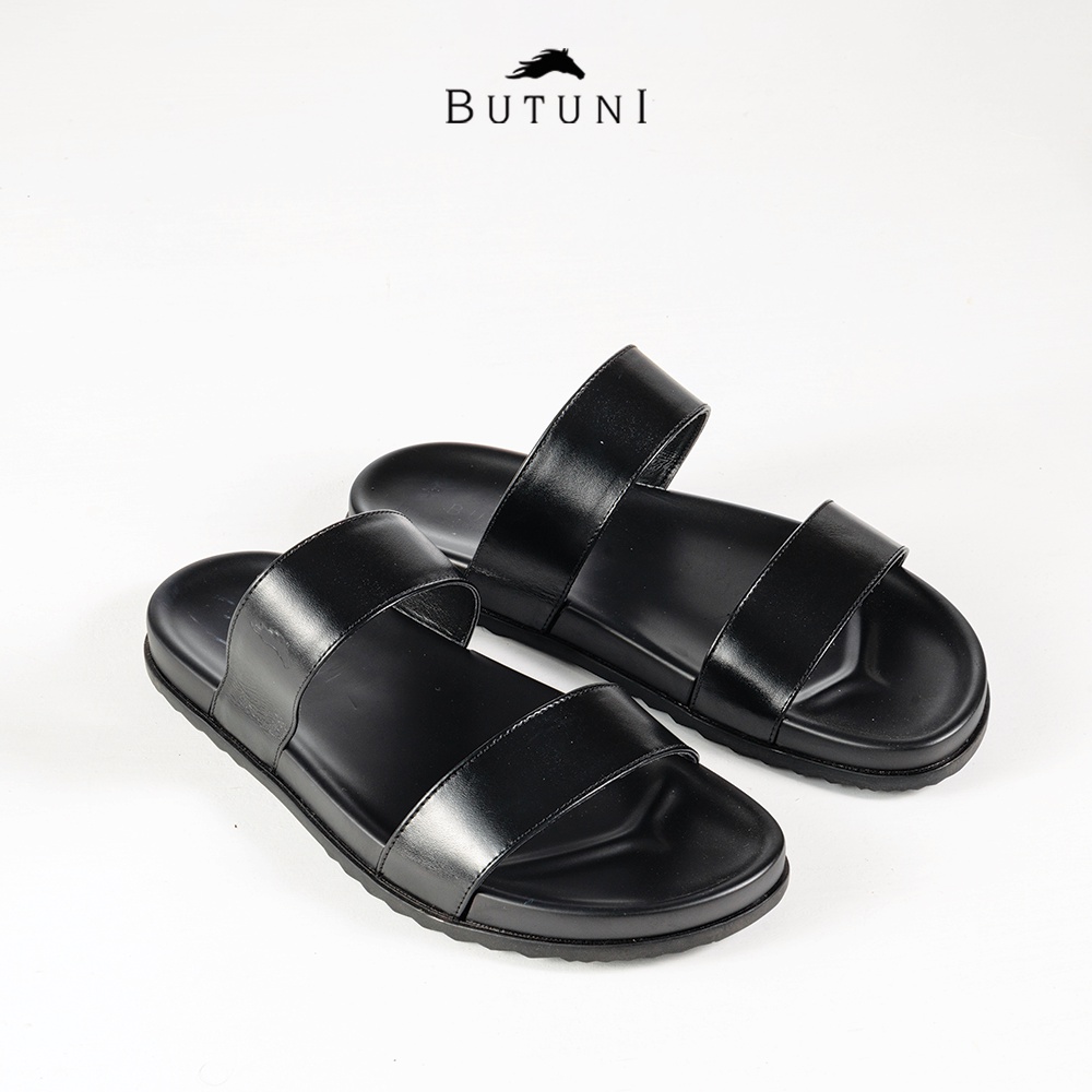 Dép hai quai ngang da thật Butuni Lines Slippers - Đen