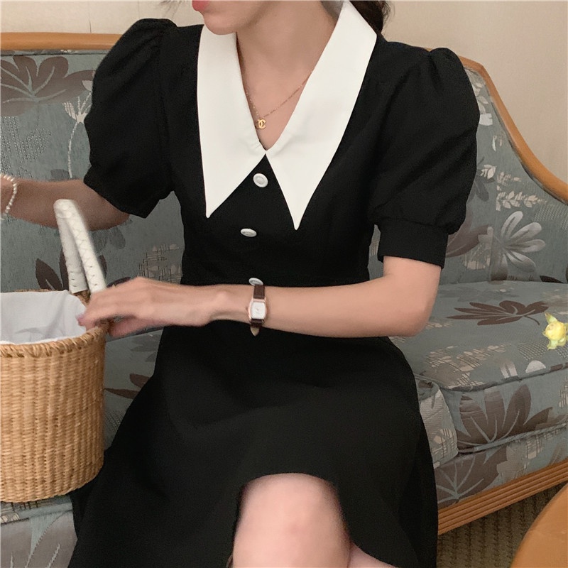 SUXI Đầm Tay Ngắn Màu Sắc Trơn Phong Cách Vintage Hàn Quốc