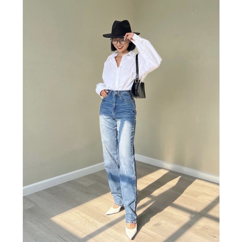 Quần jeans suông lưng cao HEYBEE - ảnh thật, thêu logo (2 màu) - HJ1124 | BigBuy360 - bigbuy360.vn