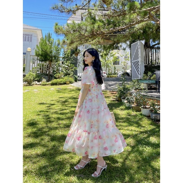 Đầm Voan Hoa Lụa Cổ V Phom Suông Rộng Dáng Tầng Babydoll Phong Cách Nữ Tính Nhẹ Nhàng
