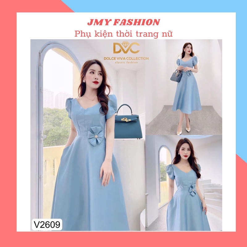 V2609 váy xanh tafta cổ v bồng xòe dự tiệc sang chảnh -  Dolce viva colection