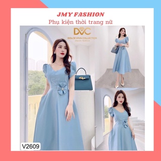 V2609 váy xanh tafta cổ V bồng xòe dự tiệc sang chảnh đầm xanh tafta xòe tay bồng thiết kế