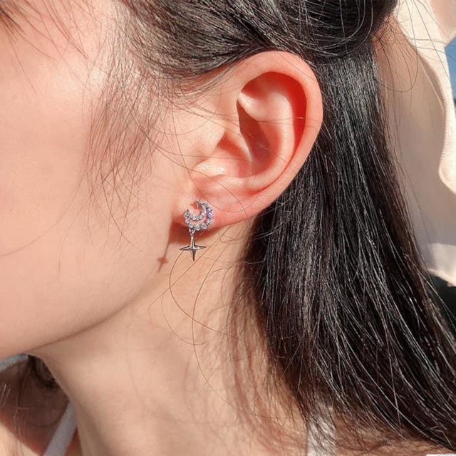 Bông tai Bạc trăng sao, đính đá lấp lánh xinh xắn, phong cách thời trang Mainomi Shop Bạc Xinh