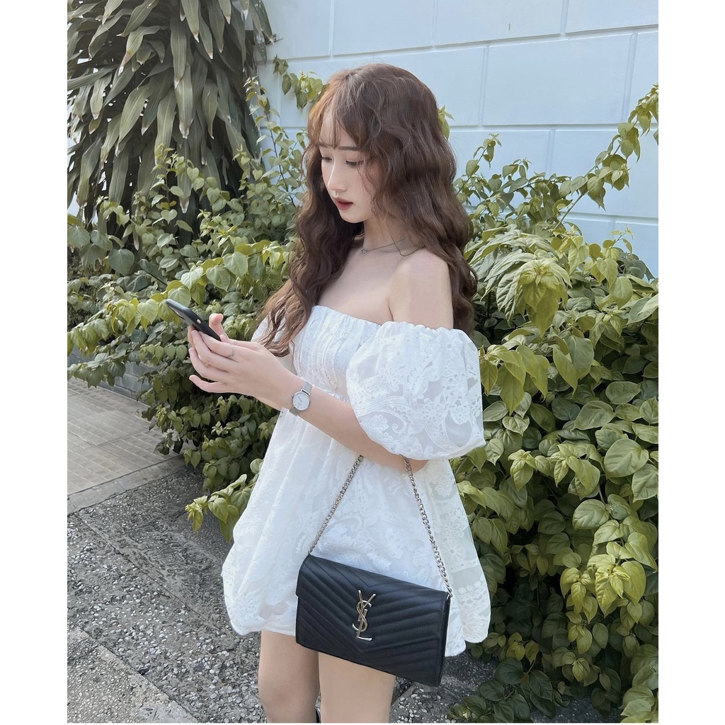 [Sẵn] Áo ren trễ vai tay bo nhún ngực trễ vai hoa chìm siêu xinh