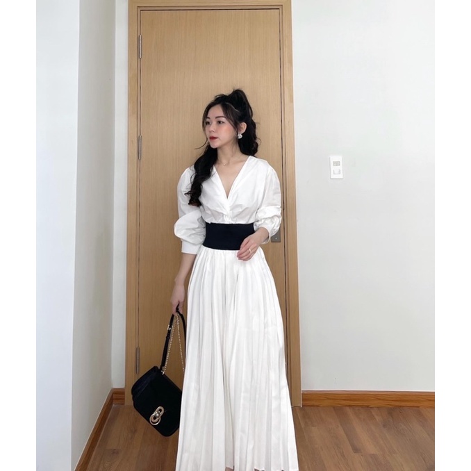 Chân váy cạp chun đen xếp ly