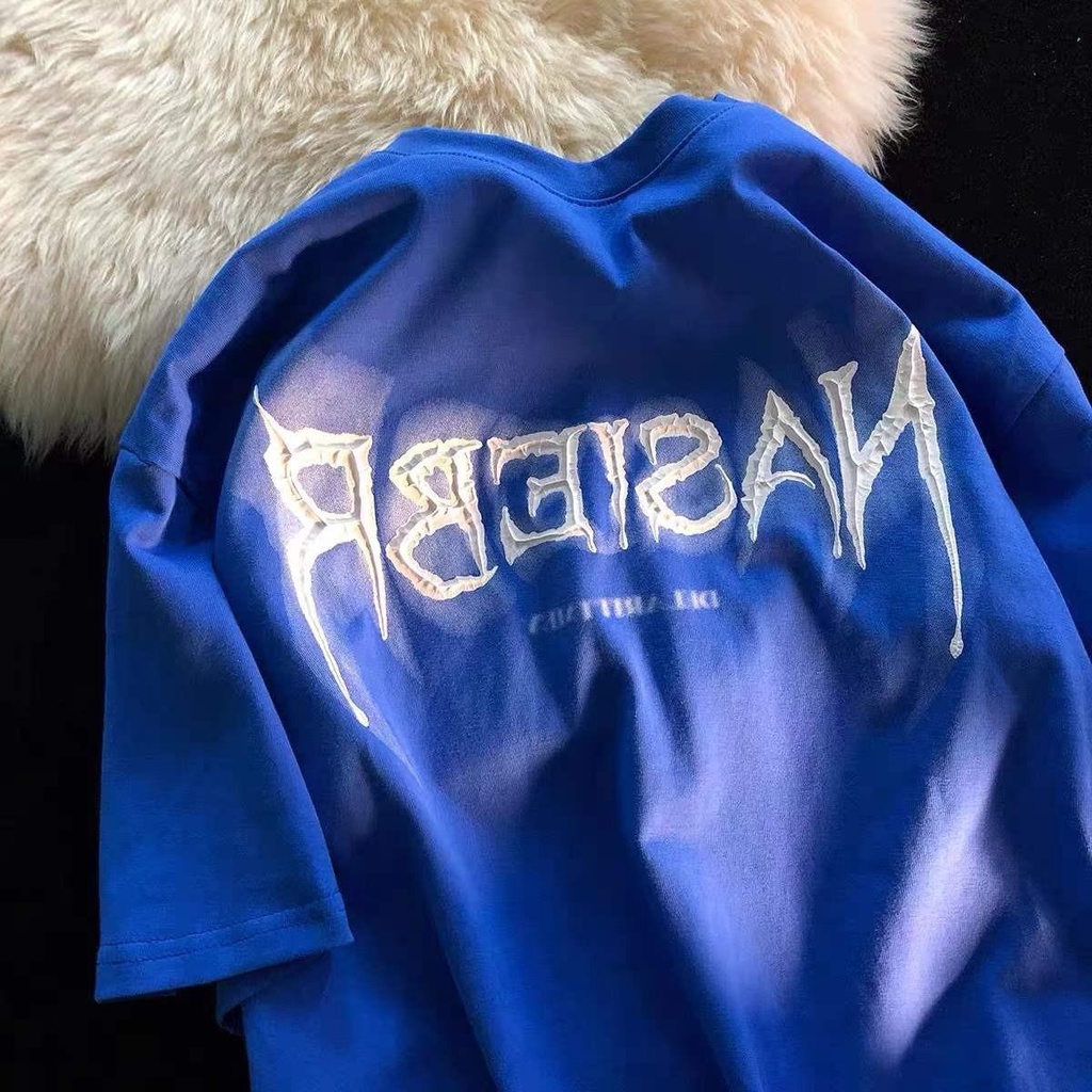 100% cotton American retro foam letters short-sleeved T-shirt women's design sense niche tide brand oversize couple Z2