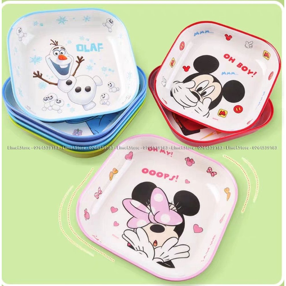 Dĩa ăn dặm , Đĩa vuông Melamine Elsa Frozen Car Mickey Minnie cho trẻ em Disney