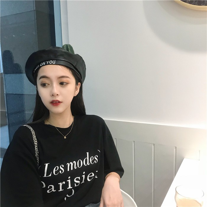 Mũ Beret Da PU In Chữ Phong Cách Retro Nhật Bản Cho Nữ