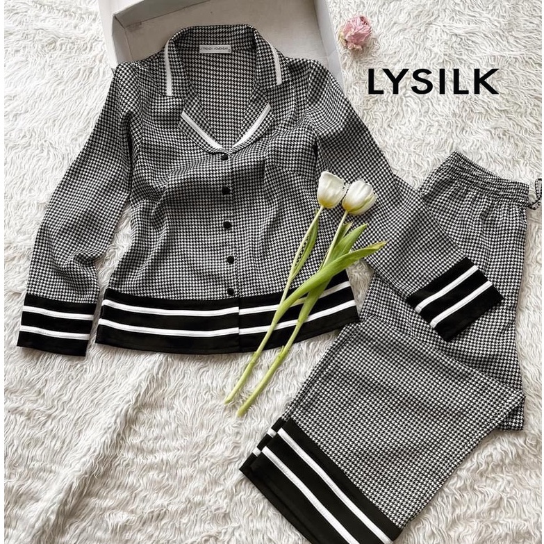 Bộ đồ ngủ nữ pyjama Lụa dài tay cao cấp thiết kế LYSILK - BN63 - Áo dài tay nữ quần dài họa tiết kẻ sọc