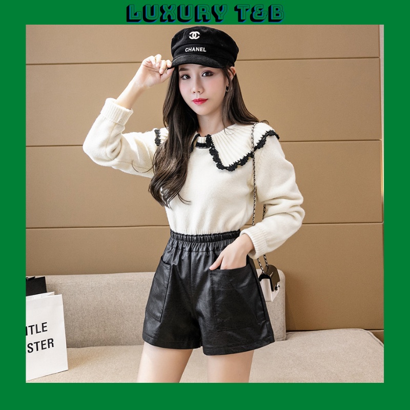 Quần Short Da Ống Rộng Cạp Chun Dáng Xòe Cao Cấp