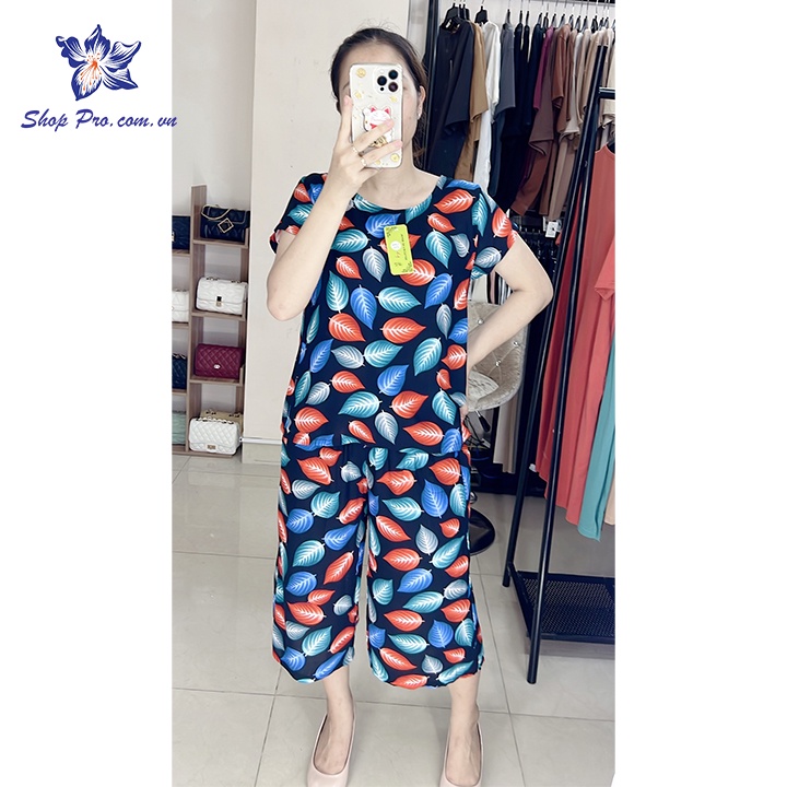 Bộ mặc nhà trung niên vải lanh áo ngắn tay quần lửng ống rộng cho bà cho mẹ shop pro GS