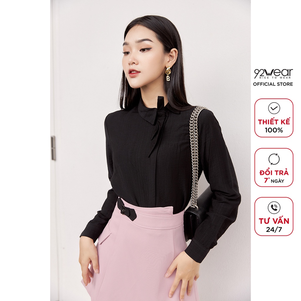 Áo sơ mi nữ kiểu dáng thanh lịch vải lụa dài tay có nơ ASW0624 - 92WEAR