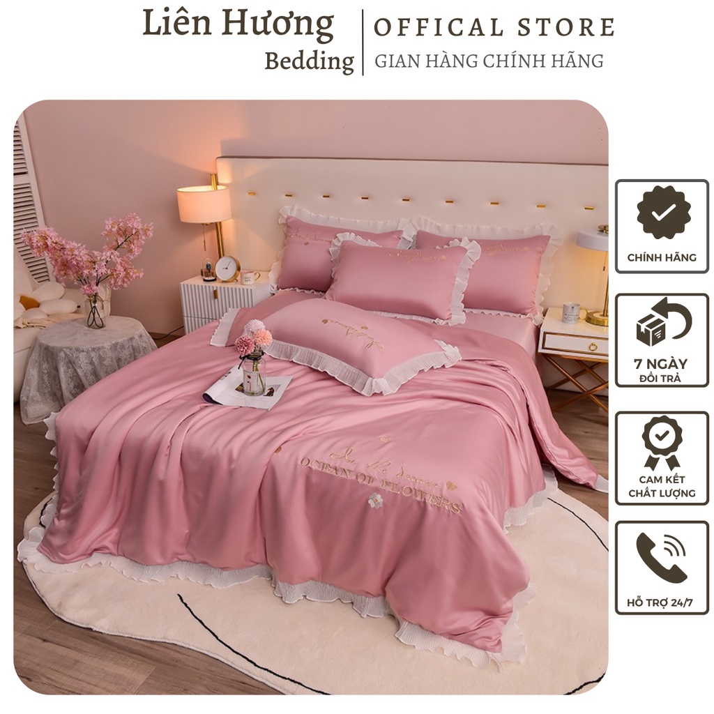 Bộ chăn gối lụa thêu chăn hè- Chất liệu phi lụa tencel mềm mịn mướt mát thích hợp mùa hè, miễm phí may chun