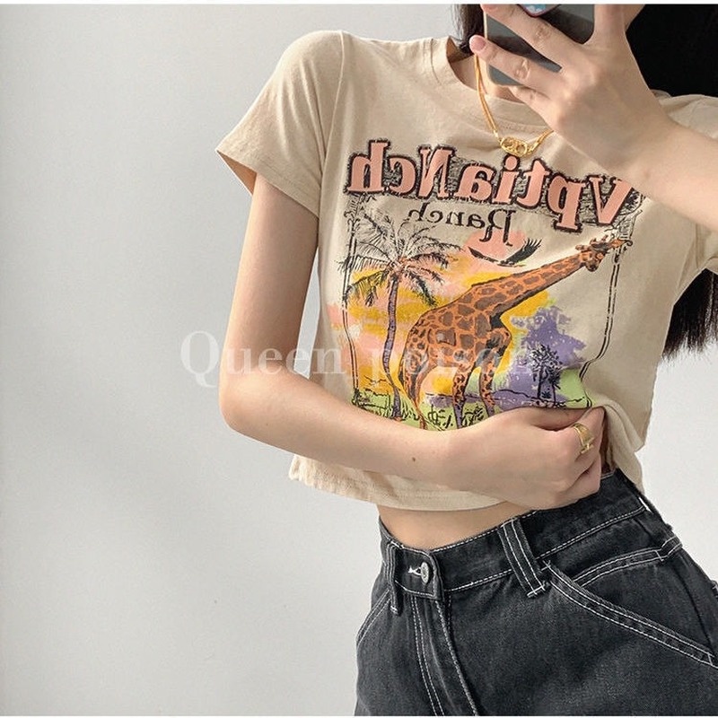 Áo Thun Nữ Ngắn Tay In Hình Hươu Cao Cổ Phong Cách Retro