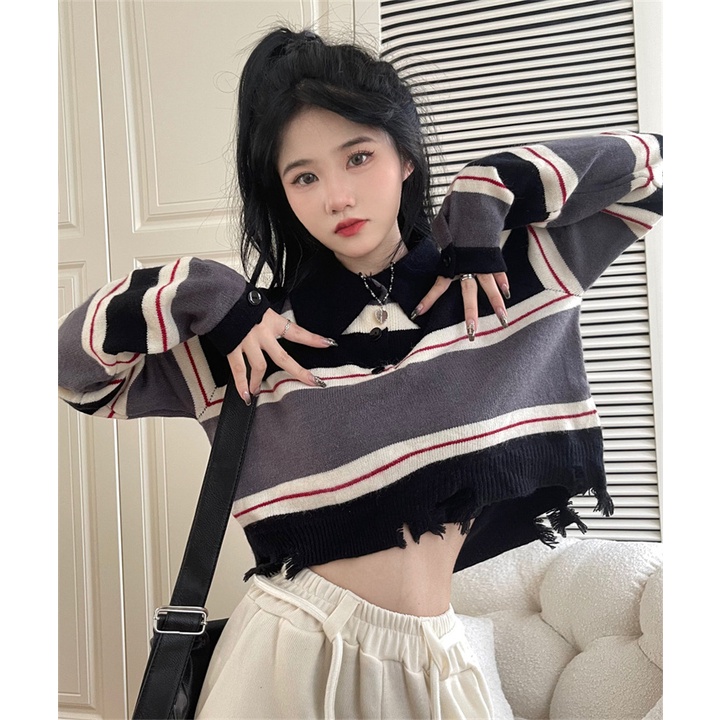 ZHELIHANGFEI Áo thun dáng ngắn tay dài kẻ sọc ngang thời trang cho nữ