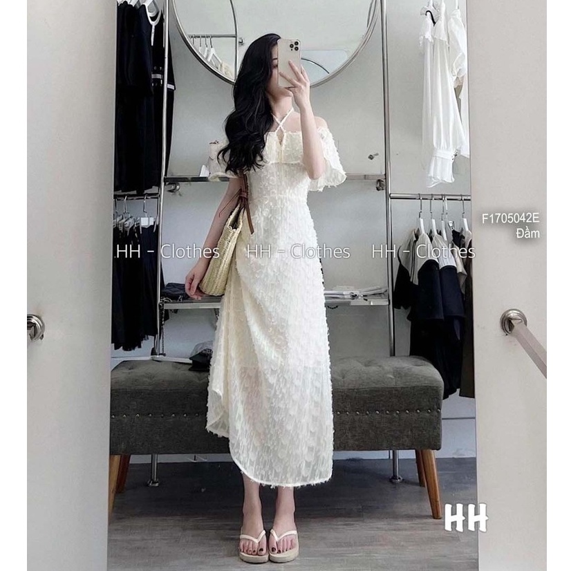 Đầm maxi dài phối lông dáng xòe có lót phối bèo ngực cổ yếm đắp chéo!