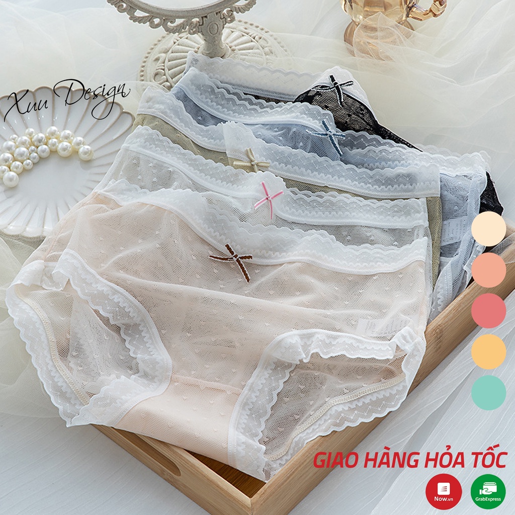 Quần lót ren nữ XUU vải ren gấm cao cấp họa tiết chấm bi xuyên thấu gợi cảm - QC133