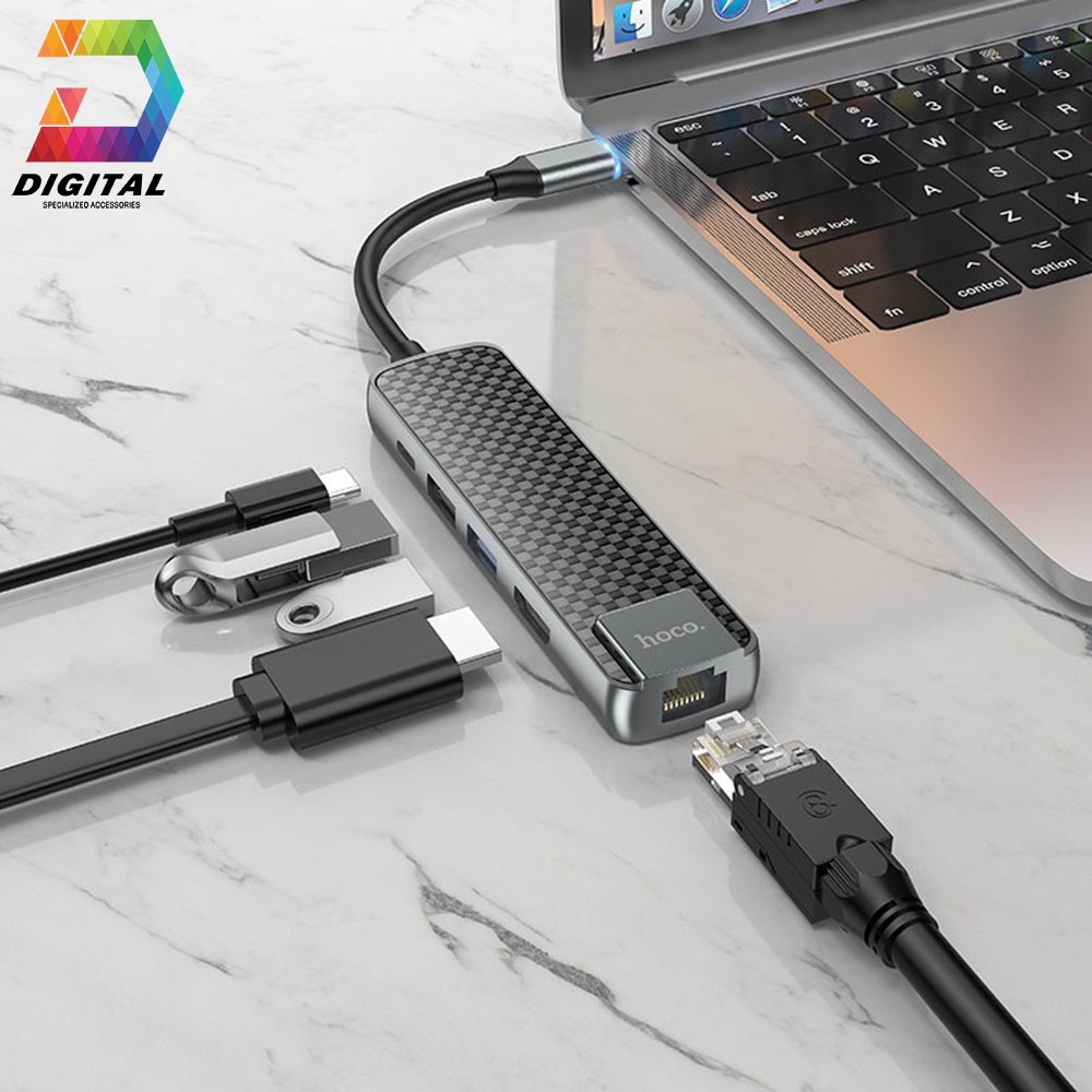 Hub Hoco HB23 5 in 1 Chuyển Type C Ra USB 3.0 + HDMI + RJ45 + PD60W Chính Hãng ( USB C Multimedia Adapter )