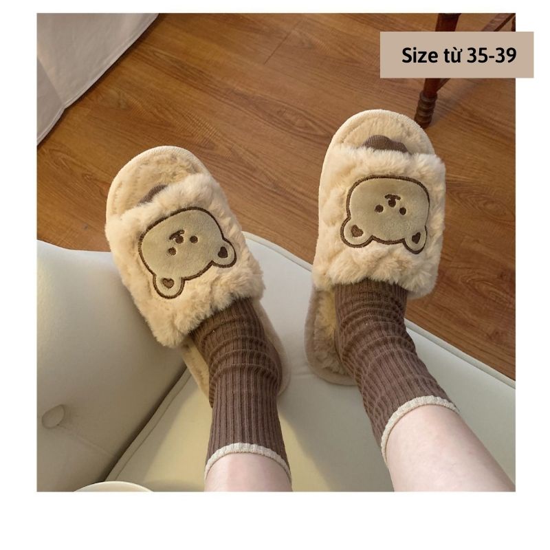 Dép lông nữ quai ngang họa tiết gấu bear đáng yêu hai màu basic đi học đi chơi đi trong nhà siêu xinh jumato