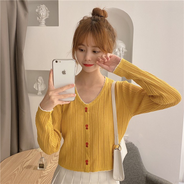Áo dệt kim dài tay cổ tim phong cách Hàn Quốc thanh lịch dành cho nữ | BigBuy360 - bigbuy360.vn