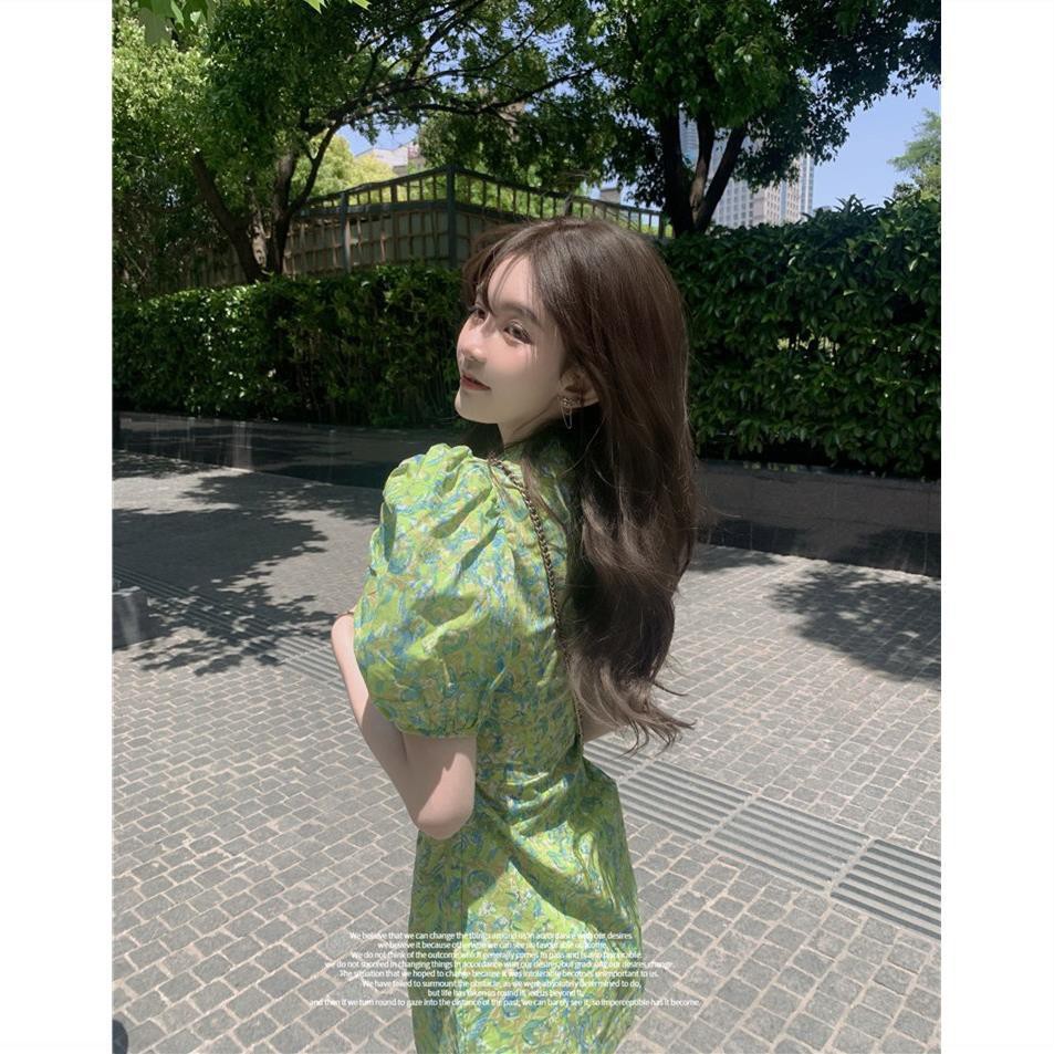 Đầm tay phồng cổ chữ V họa tiết hoa thời trang cổ điển cho nữ | BigBuy360 - bigbuy360.vn