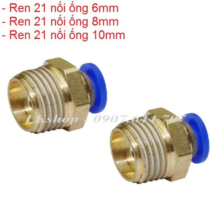 Cút nối nhanh đồng thau / Đầu nối thẳng ren ngoài 13, 17, 21 ra dây 6, dây 8, dây 10
