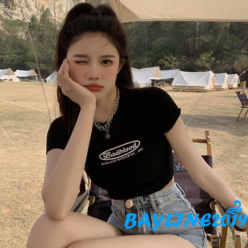 Bay-Women´s Crop Tops, Round Neck Short Sleeve Letter Printed Slim Pullover Short T-Shirt for Young Ladies
