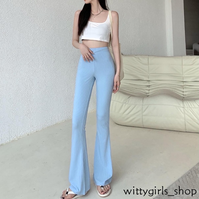 Wittygirls_shop | Quần Dài Lưng Cao Màu Sắc Trơn Phong Cách Quyến Rũ