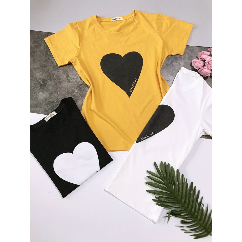 Áo thun nữ thun thái form vừa người chất siêu mát in hình trái tim dưới 65kg