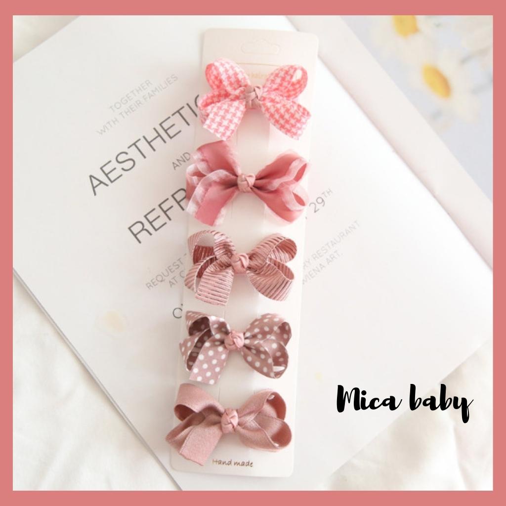 Set 5 kẹp tóc nơ bọc vải phong cách hàn quốc xinh xắn cho bé gái KT27 Mica Baby