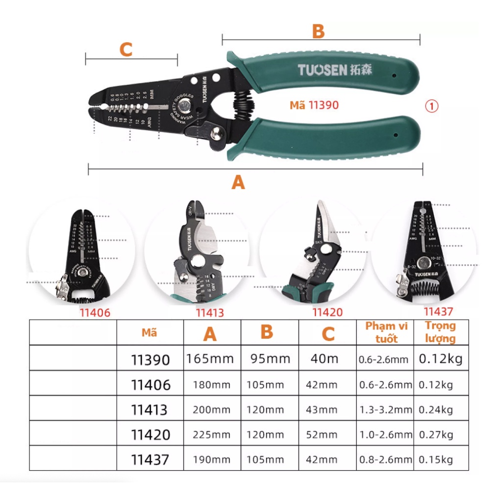 Kìm tuốt dây điện, bấm cos đa năng, tự động TUOSEN / Tuo Sen