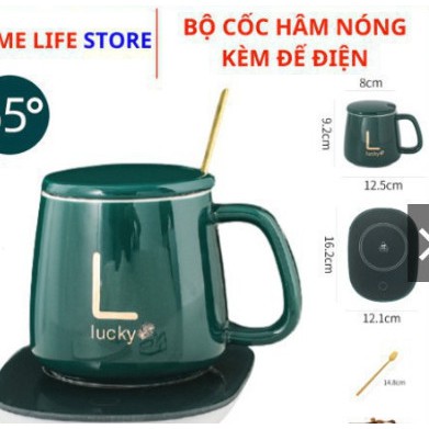Cốc sứ hâm nóng đồ uống đế điện và thìa mạ vàng có hộp đựng sang trọng làm quà Hâm nóng cafe sữa trà - CHN