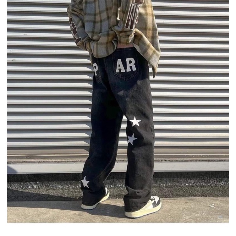 Quần Jean Nam Nữ,Thêu Hình  Ngôi Sao, Quần Bò From Rộng Dáng Suông Phong Cách Hàn Quốc, Thời Trang Unisex QJ027