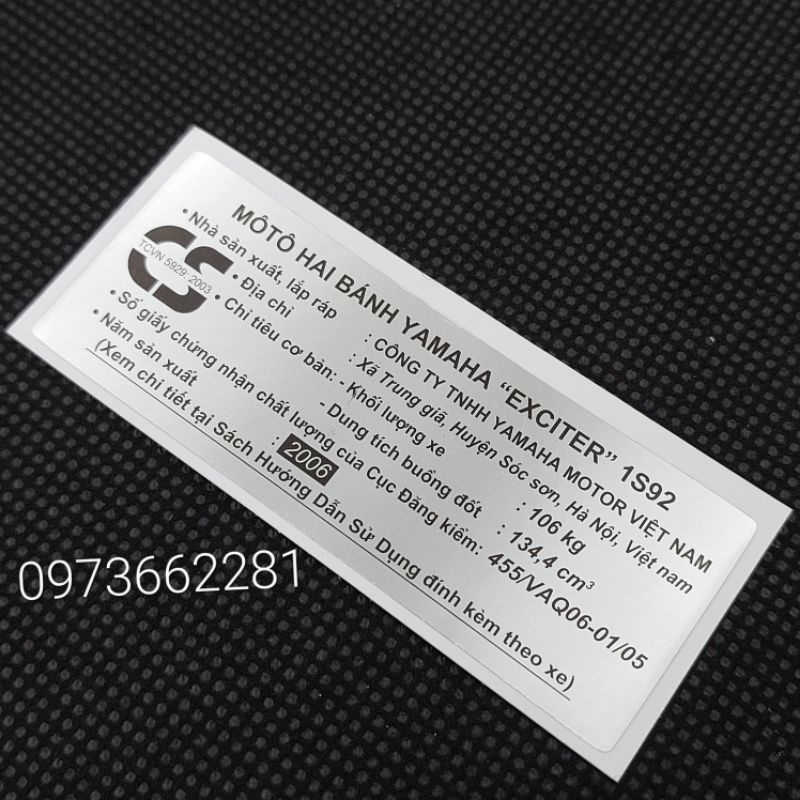 Tem dán càng gắp EXCITER 2006.1S92, Tem thông số năm Sản xuất