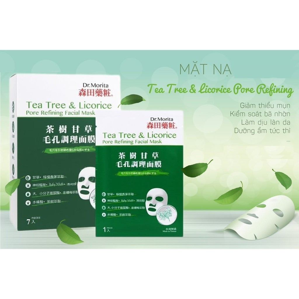 Hộp 7 Mặt Nạ Giảm Mụn, Kiểm Soát Bã Nhờn Dr. Morita Tea Tree &amp; Licorice Pore Refining Facial Mask 30g x 7