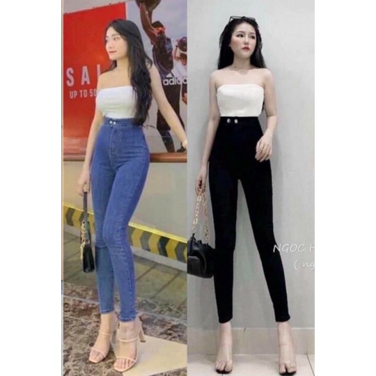 Quần jean nữ lưng siêu cao dáng ôm trơn và rách đùi 2 nút chất vải jean mịn co giãn mạnh [ FREESHIP + MÃ GIẢM GIÁ ]