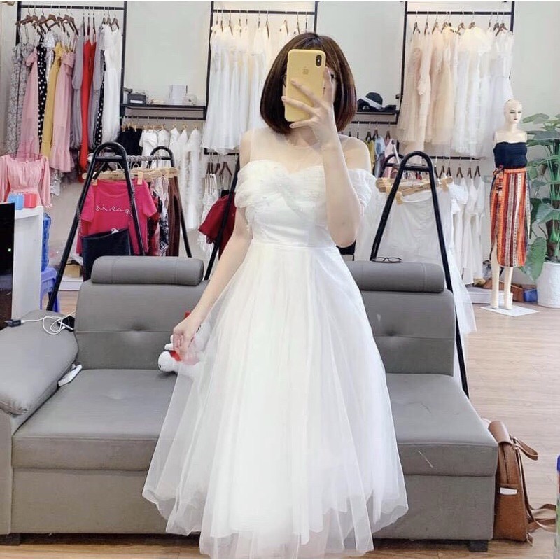 V45 VÁY THIẾT KẾ DỰ TIỆC, DẠ HỘI KỶ YẾU PROM, ĐẦM TRẮNG CÔNG CHÚA TRỄ VAI