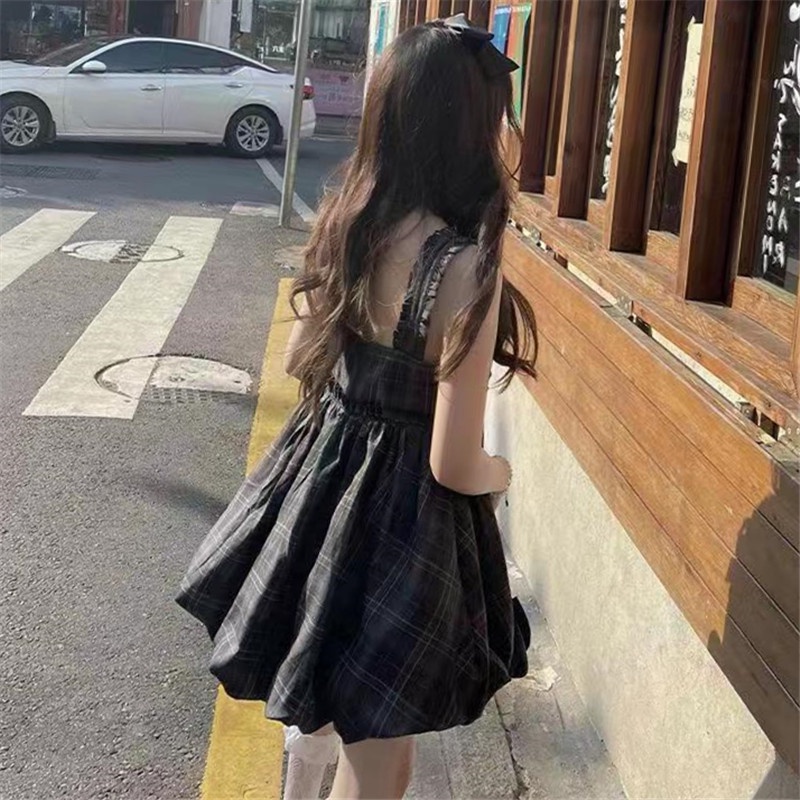 Đầm PERTY hai dây dáng xòe phồng họa tiết kẻ sọc thời trang Hàn Quốc mùa hè dành cho nữ