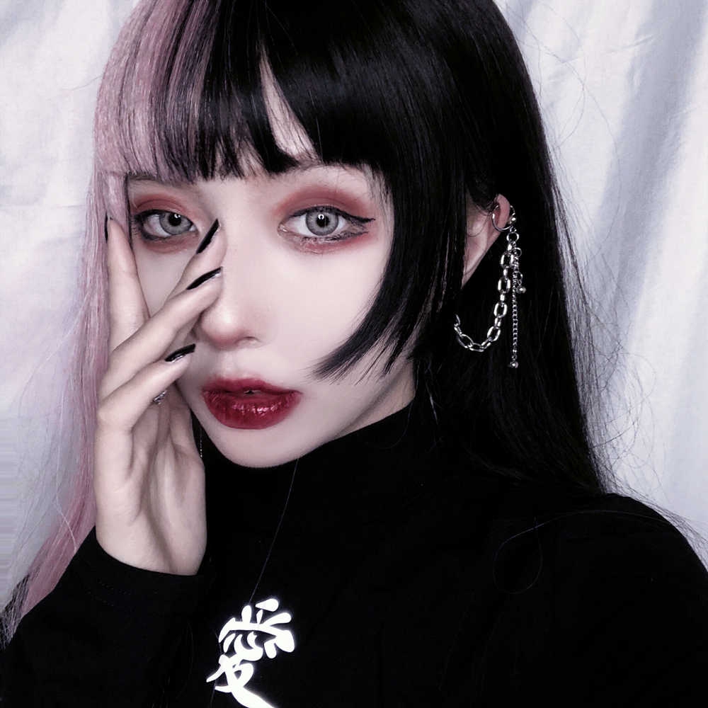 Khuyên tai tích hợp kẹp vành 22072 phối dây xích / hạt phong cách đen tối cá tính cho nữ