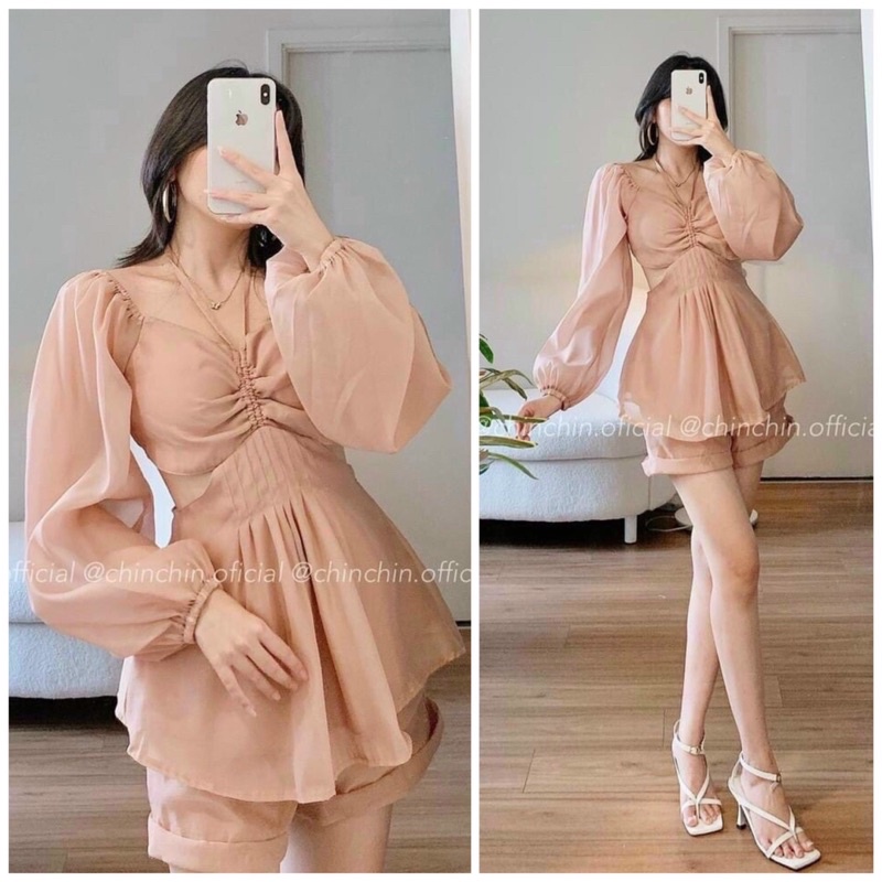 set áo peplum voan nude rút ngực khoét eo đan dây lưng + quần short (ảnh thật)
